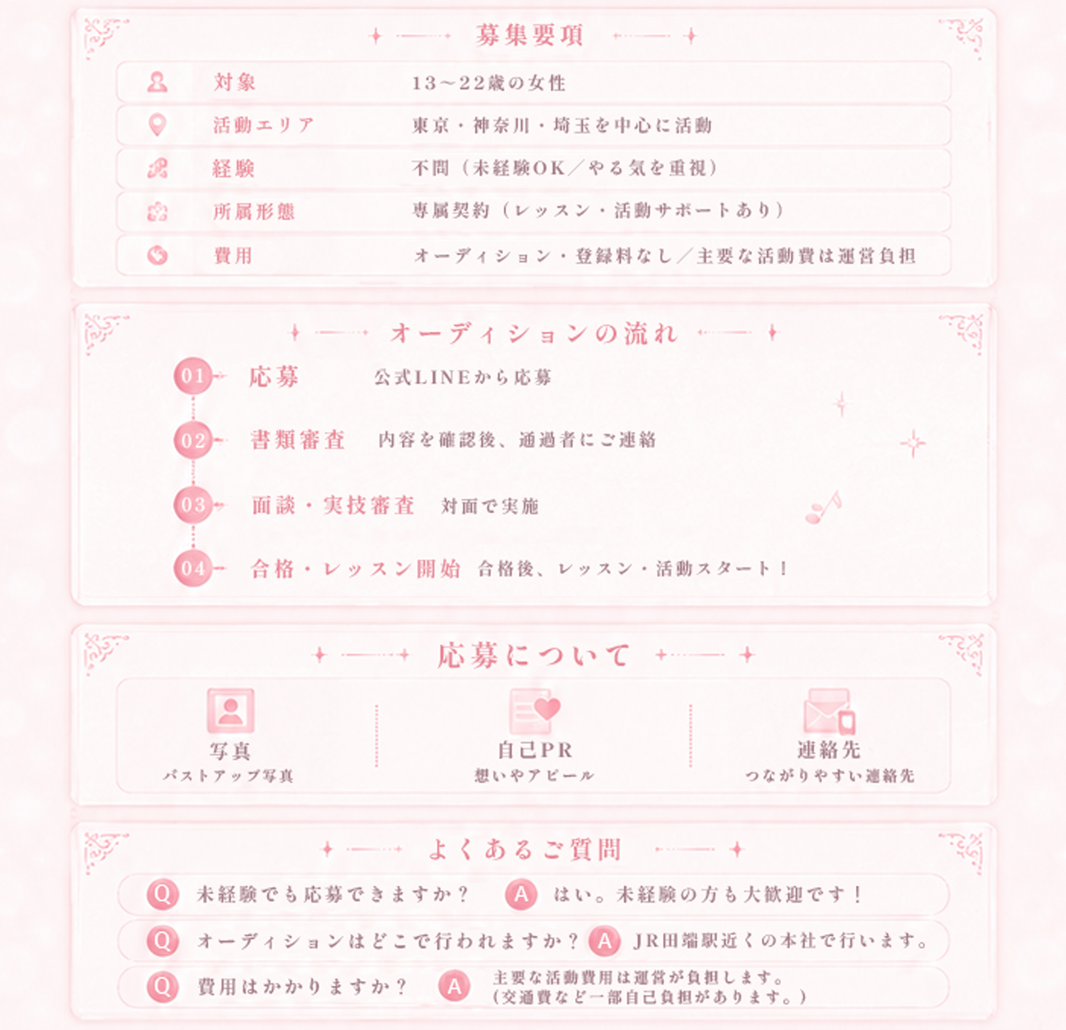 募集要項 対象：13〜22歳の女性／活動エリア：東京・神奈川・埼玉を中心に活動／経験：不問（未経験OK／やる気を重視）／所属形態：専属契約（レッスン・活動サポートあり）／費用：オーディション・登録料なし／主要な活動費は運営負担。オーディションの流れ：01応募（公式LINEから応募）／02書類審査（内容を確認後、通過者にご連絡）／03面談・実技審査（対面で実施）／04合格・レッスン開始（合格後、レッスン・活動スタート！）。応募について：写真（バストアップ写真）／自己PR（想いやアピール）／連絡先（つながりやすい連絡先）。よくあるご質問：未経験でも応募できますか？→はい。未経験の方も大歓迎です／オーディションはどこで行われますか？→JR田端駅近くの本社で行います／費用はかかりますか？→主要な活動費用は運営が負担します（交通費など一部自己負担があります）